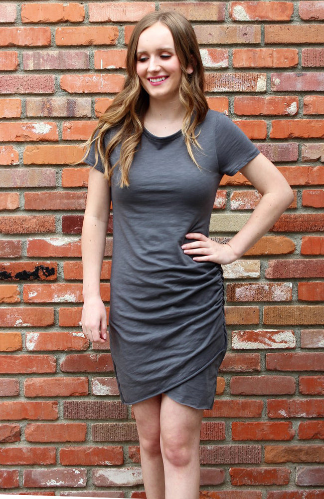 Side Ruched Bodycon Dress in Charcoal – Legacy Clothing Boutique