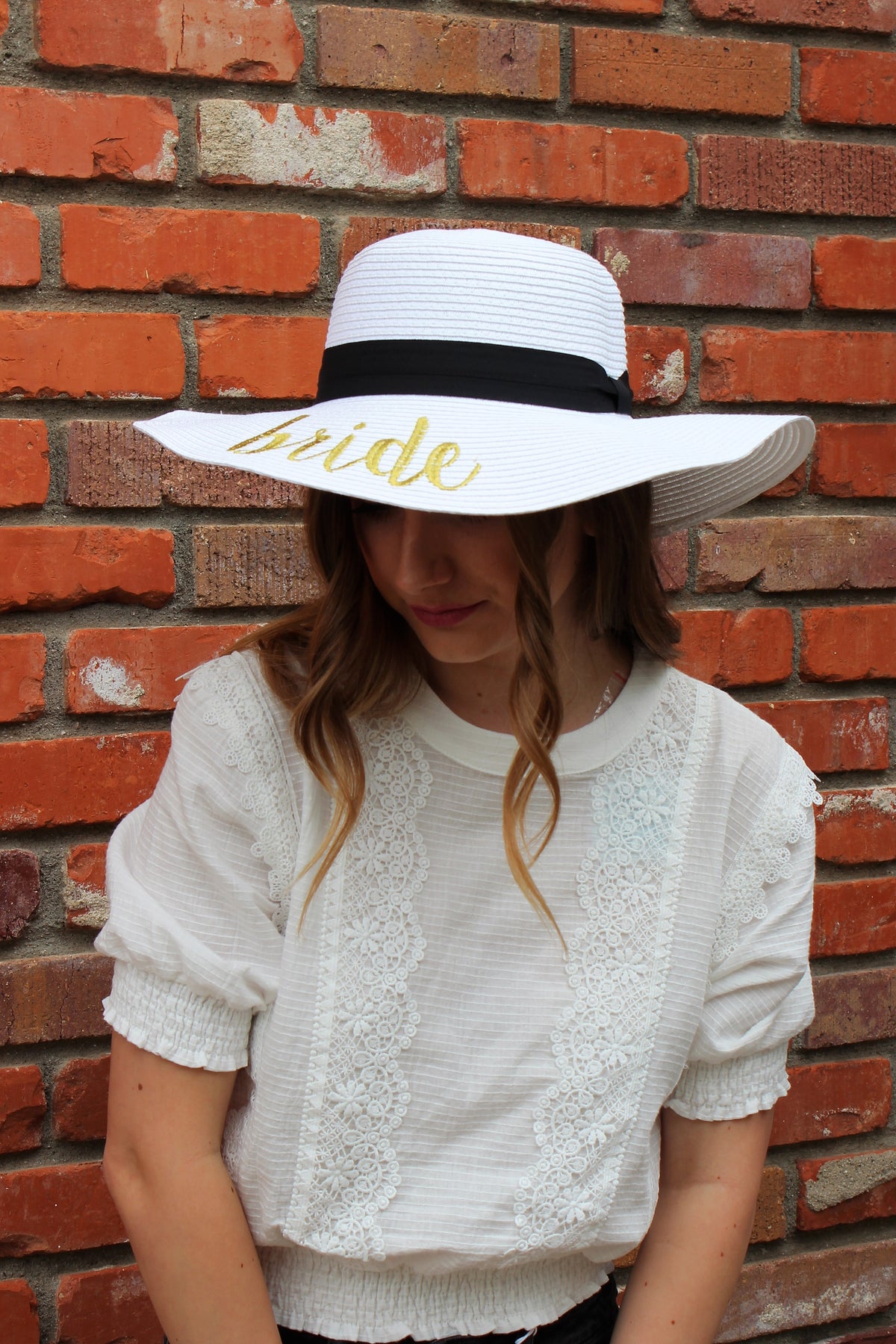 Bride Embroidered Wide Brim Straw Sun Hat with Pearl Band - Cream BRIDE Straw Hat – Pearl and Bow Bridal main image 2