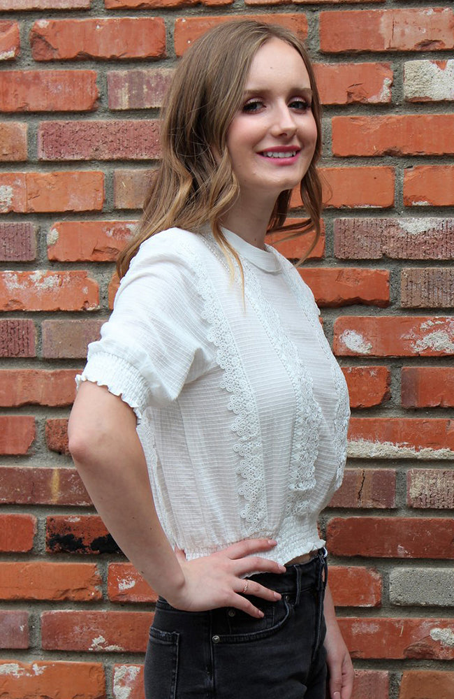 White Lace Puff Sleeve Crop Top