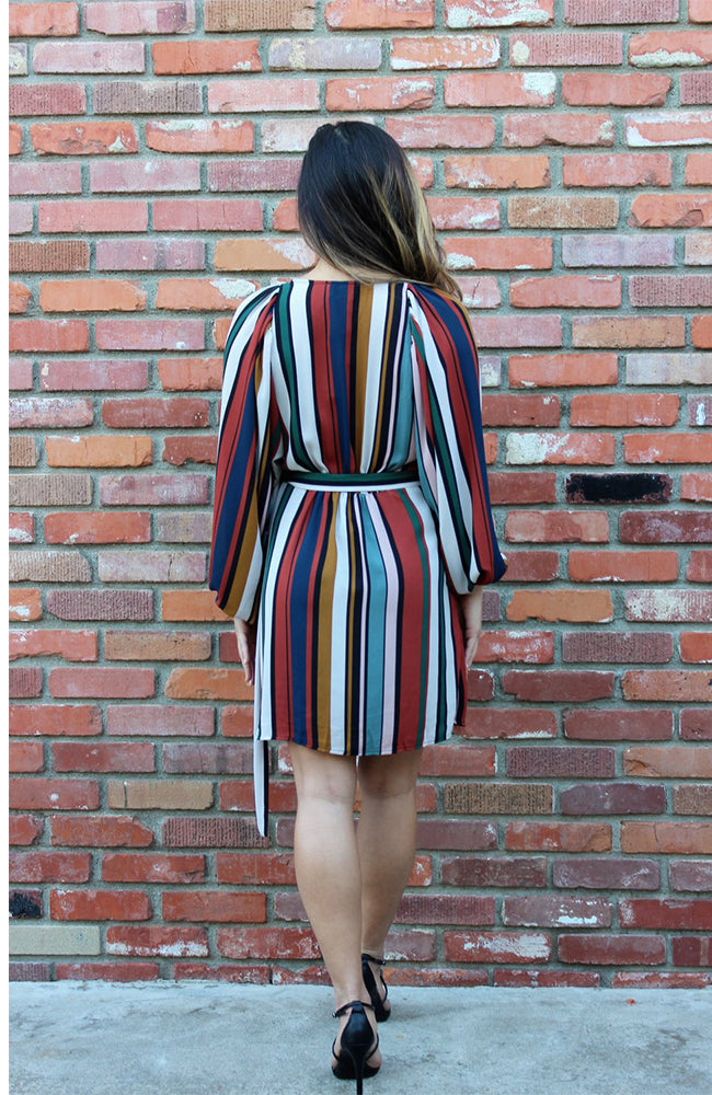 About Town Wrap Dress in Multi Color Stripes Legacy Clothing Boutique