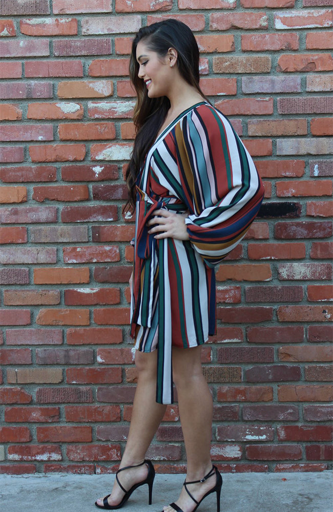 Wrap Dress in Multi Color Vertical Stripes