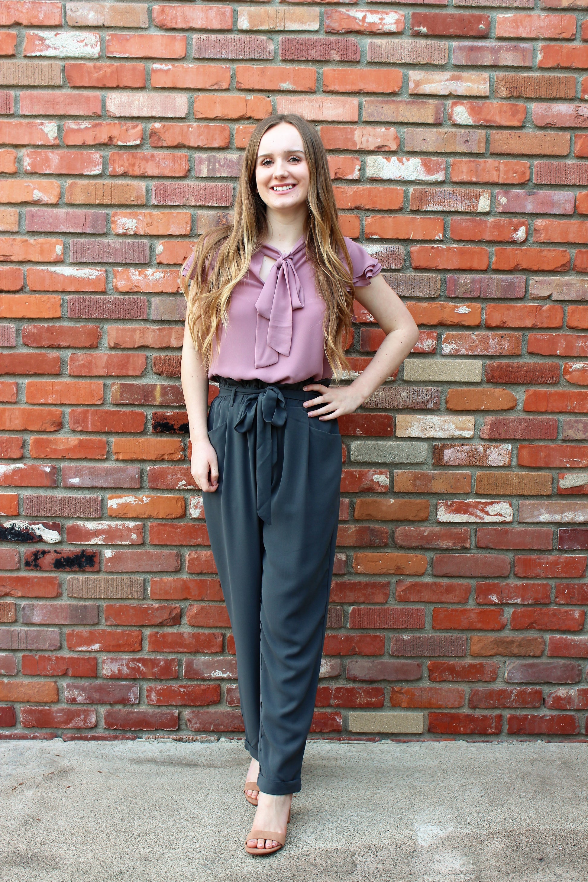 Paperbag Tie Waist Trousers in Gray