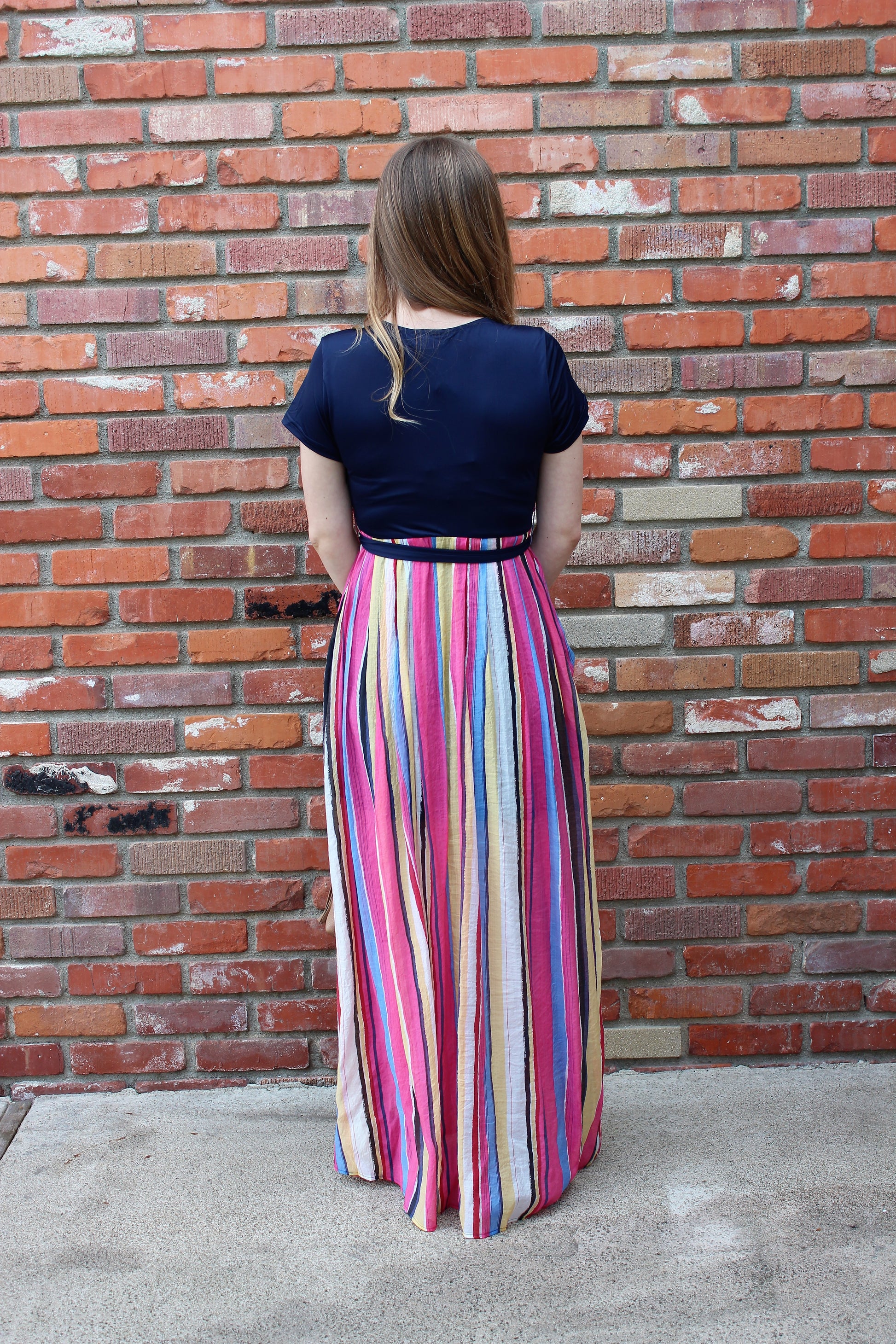 On My Way Wrap Maxi in Navy and Multi Color Vertical Stripes